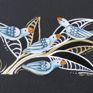 Faïence blanche, glaçures, émail et acrylique. Dimensions: 10 x 15,2 cm.