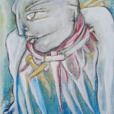 Yolande Valiquette, L'homme poisson, acrylique sur toile, 26 X 18 po